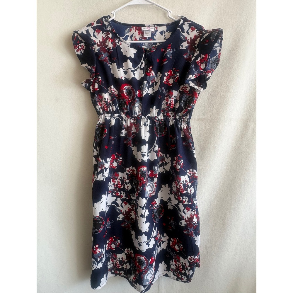 Times Two Navy Blue Floral Flutter Sleeve Elastic Waist Dress Small